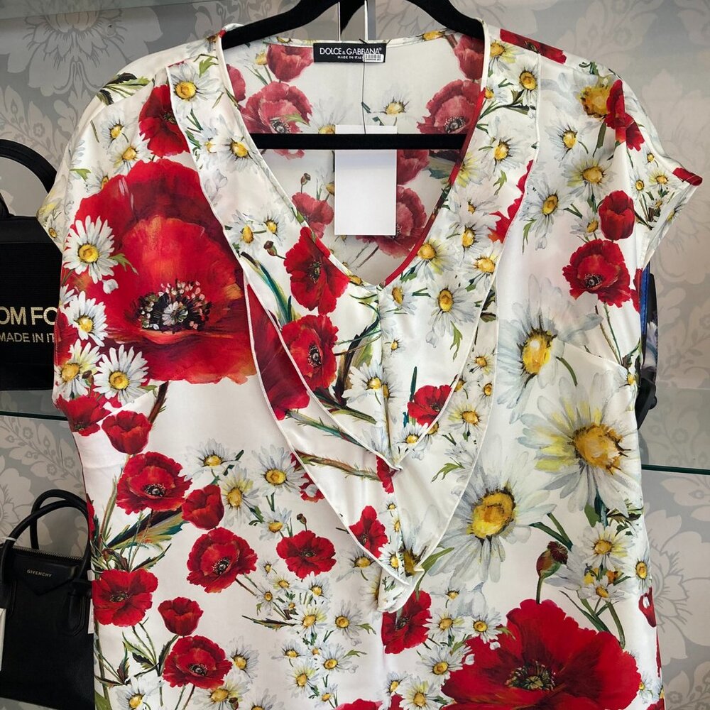 Dolce and Gabbana Red and White Floral Blouse - Size 10